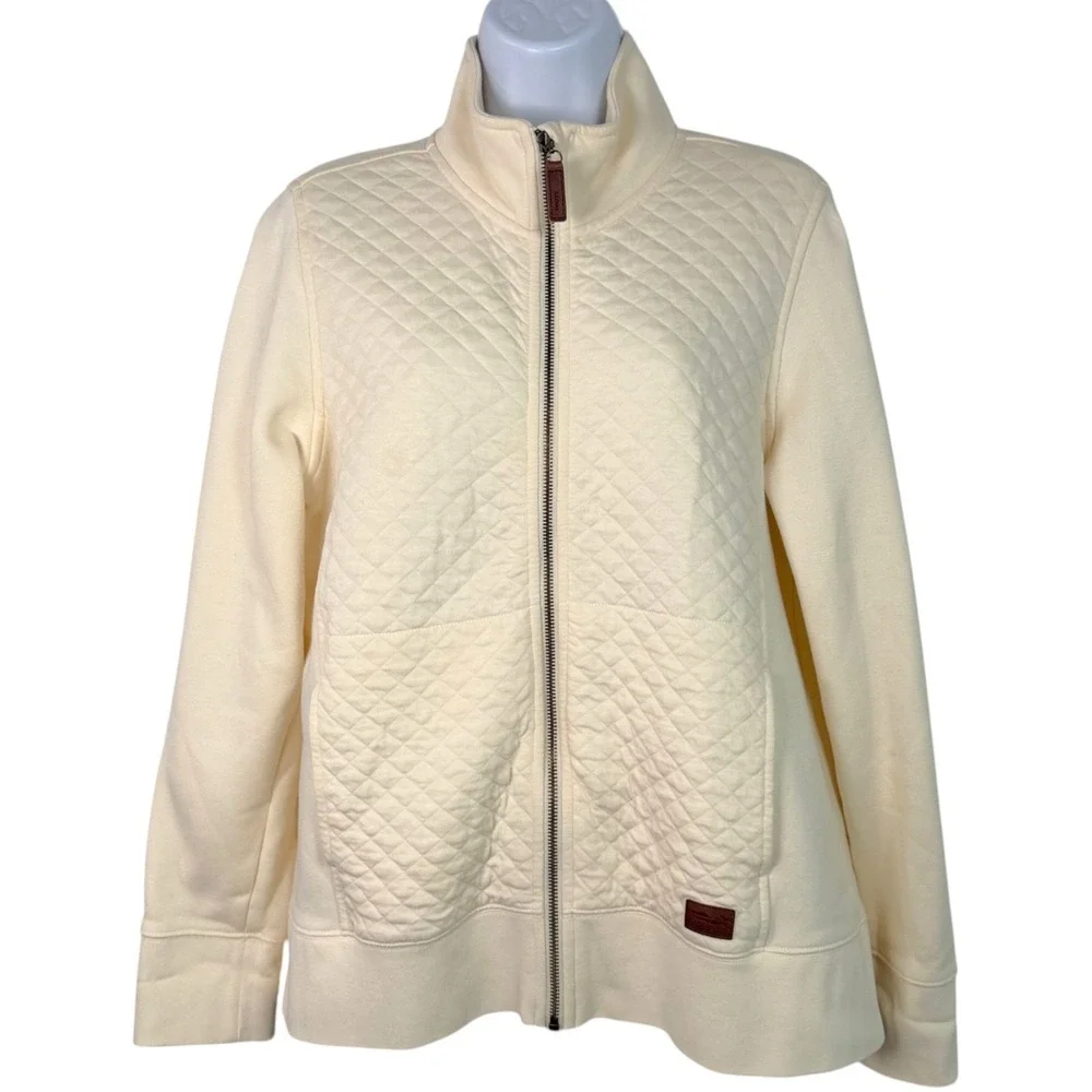 LL Bean Womens Quilted Full Zip Sweatshirt Sz M Petite Cream Outdoors Camp Trail - Picture 2 of 12